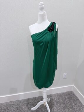 Sweet Storm Emerald One-Shoulder Dress with Black Floral Accent
